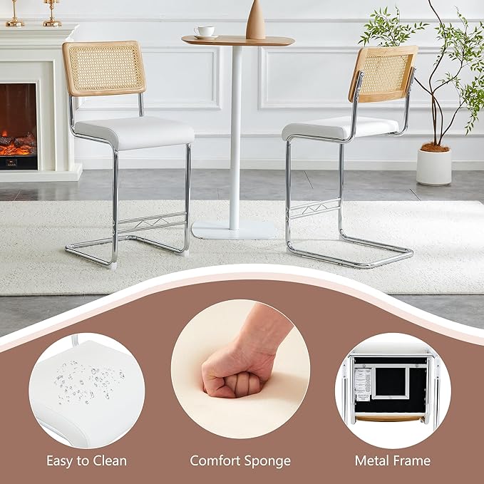 Counter Height Dining Set with Rattan Back Stools,Bar Table with 2 Drawers,Upholstered Kitchen Island Chairs,Chrome Cantilever Frame,Modern Furniture for Dining Room (No Table,2 White Chairs)