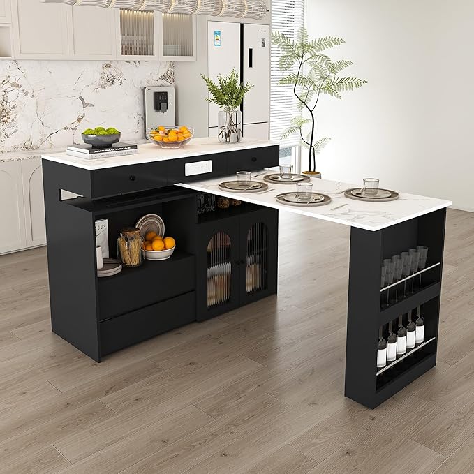 Kitchen Island Set with 2 Solid Wood Chairs, Extendable Rotating Table,with Marble Veneer Retro Design, 4 Drawers Glass Door Cabinets, Expandable Dining Station for 2 4 Person