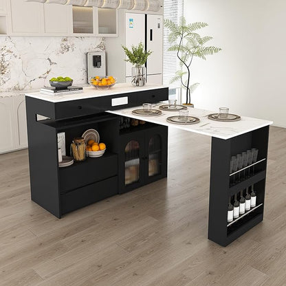Kitchen Island Set with 2 Solid Wood Chairs, Extendable Rotating Table,with Marble Veneer Retro Design, 4 Drawers Glass Door Cabinets, Expandable Dining Station for 2 4 Person