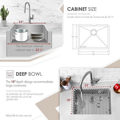 Stylish 23 x 18 Inch Undermount Kitchen Sink 16G Stainless Steel 10mm Radius Corners Single Bowl Kitchen Sinks with Bottom Grid and Luxury Basket Strainer, S-307XG