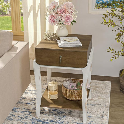SUNBURY Set of 2 Nightstands with Drawers & Open Storage Shelves, Vintage Wood Grain Bedside Tables for Living Room, Bedroom, Office, and Corners (Rustic Brown & White)