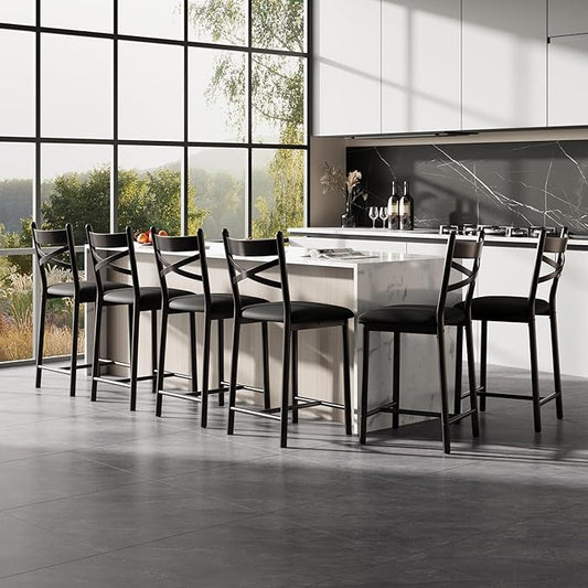 GarveeHome Upholstered Dining Chairs of 8 with Back, Bar Stools Set of 8, Thick Cushion, Counter Height Barstools for Kitchen Island Apartment