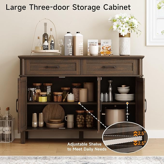 ONBRILL 48 Inches Buffet Cabinet with Storage, Farmhouse Sideboard Buffet w/2 Drawers and 3 Doors, Wood Coffee Bar Cabinet with Adjustable Shelves, Sideboard Storage for Kitchen, Living Room, Brown