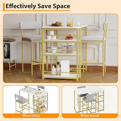 Takywep 3 Piece Dining Table Set for 2 with 3 Large Storage Shelves, Kitchen Table and Chairs for 2 with Pu Cushion Chairs & Thick Wood Top, Dining Table Set for Small Space, Apartment, Gold