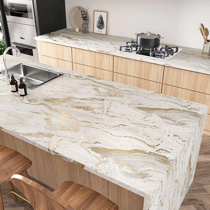 Wallercity Matt Beige Gold Marble Contact Paper for Countertops Self Adhesive Countertop Wall Paper for Kitchen Bathroom 24''x118'' Peel and Stick Marble Wallpaper Vinyl Waterproof Film for Cabinets