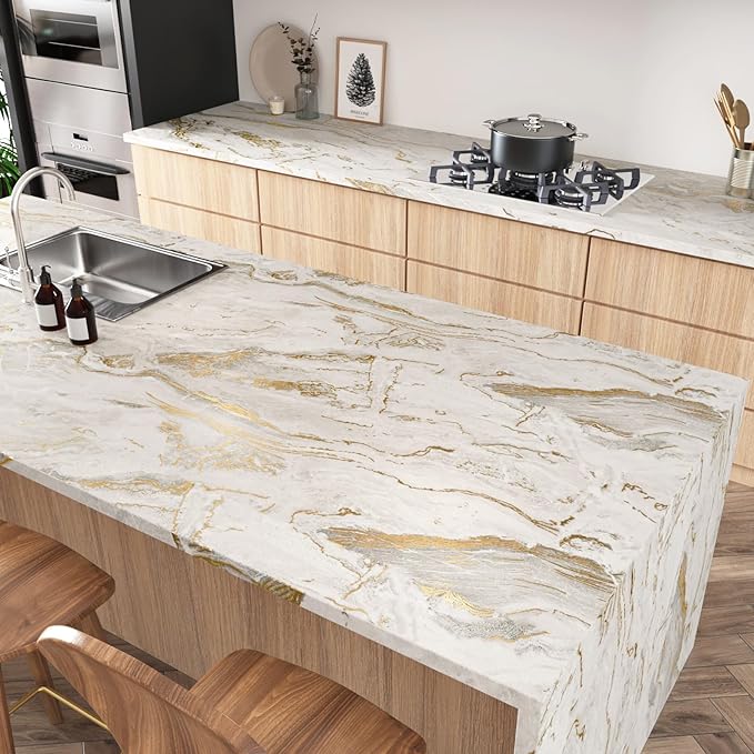 Wallercity 24''x315'' Gold Beige Marble Contact Paper for Countertop Contact Paper for Cabinets Marble Wallpaper for Kitchen Backsplash Peel and Stick Countertops Waterproof Vinyl Wrap for Table Desk
