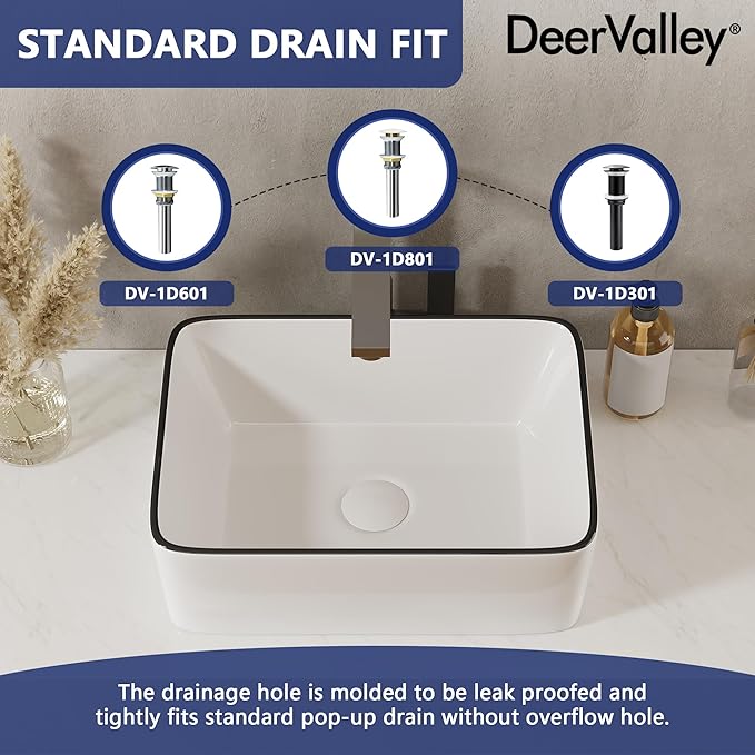 DeerValley Liberty 16x12 Inch Rectangular Vessel Sink, White Ceramic Bathroom Sink with Black Striped Border, Above Counter Basin, DV-1V0317