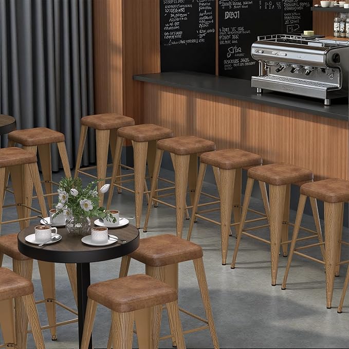 Backless Bar Stools Set of 4, Upholstered Faux Leather Counter Height Stools with Sturdy Metal Legs, 30 Inch Barstools for Kitchen Island (Walnut)