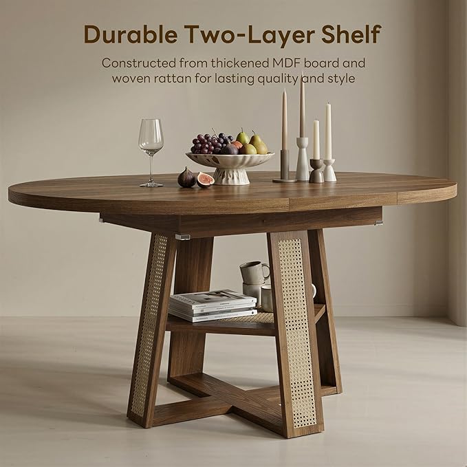 LIKIMIO 43"-59" Extendable Round Dining Table for 4-8, Transformer Oval Dining Room Table with Removable Leaves Space Saving, Wood Base Kitchen Table with Storage Shelf for Living Room, Walnut