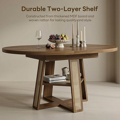 LIKIMIO 43"-59" Extendable Round Dining Table for 4-8, Transformer Oval Dining Room Table with Removable Leaves Space Saving, Wood Base Kitchen Table with Storage Shelf for Living Room, Walnut
