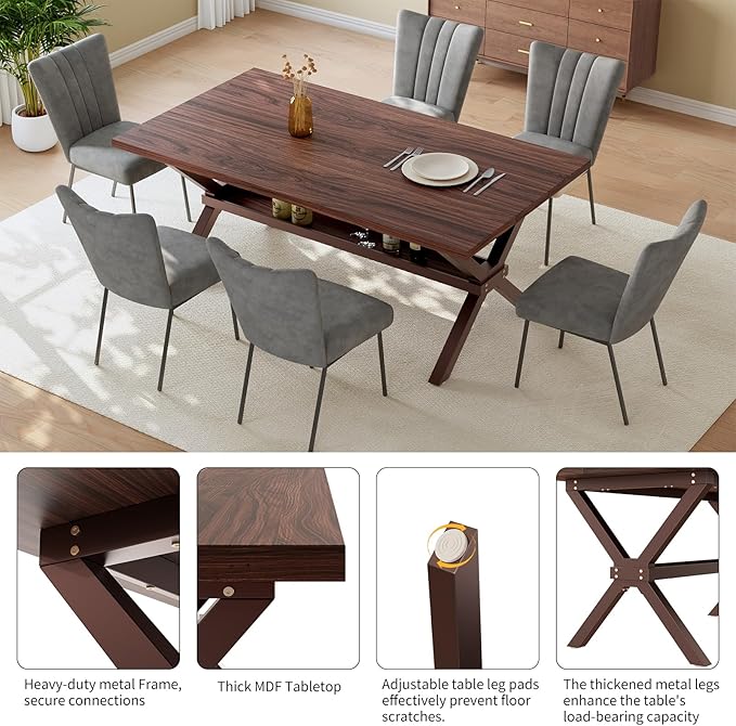 HIPIHOM 63 Inch Modern Dining Room Table Set for 6, MDF Kitchen Table with Upholstered Chairs, Scratch-Resistant Surface, Strong Metal Legs, Great for Apartments and Breakfast Nooks