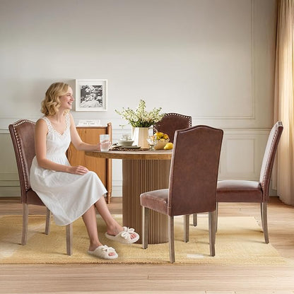 Upholstered Dining Chair Modern Stylish Parsons Kitchen Diner High Back with Silver Nailhead Trim & Wood Legs, Set of 6, PU Leather Light Brown