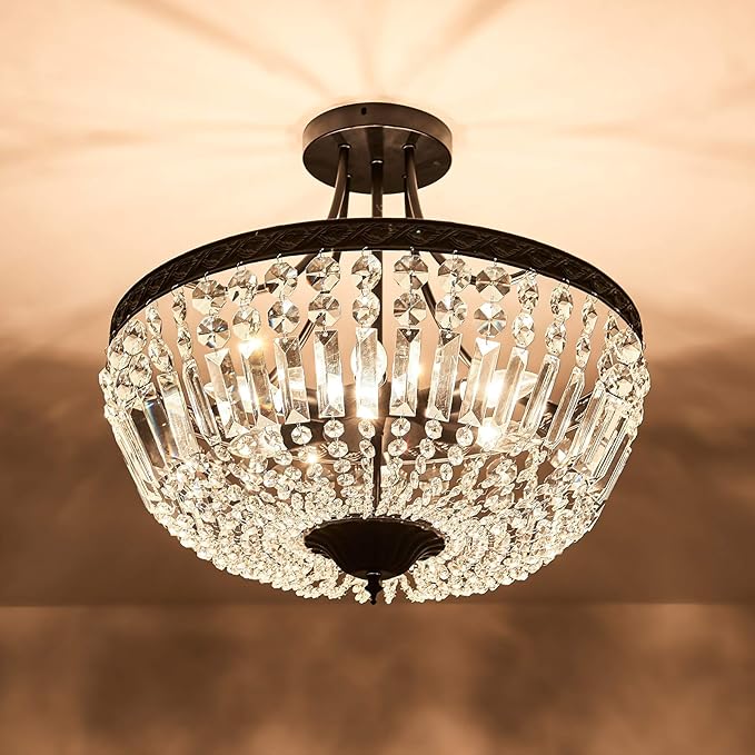 YYJLX 5-Light E12 Round Crystal Ceiling Light Fixture Modern Semi Flush Mount Chandelier Ceiling Lamp for Living Room Dining Room Entryway Hallway Foyer Bedroom Laundry Bathroom（Black）
