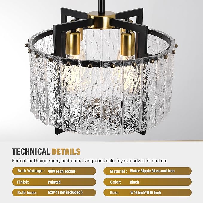 Black & Gold Chandelier Crystal Farmhouse Pendant Light, Semi Flush Mount Ceiling Chandelier Light Fixtures,16" Water Ripple Glass Shade,for Dining Room Kitchen Foyer Entryway