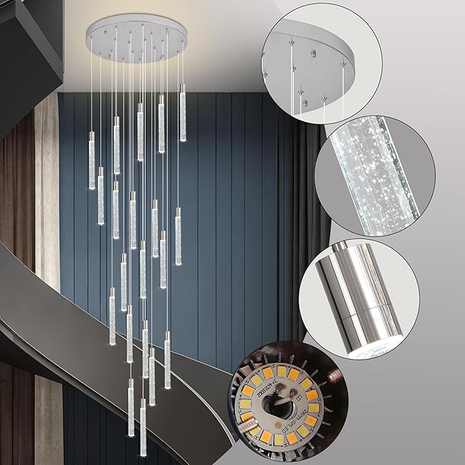 20-Lights Bubble Chandelier for Entryway High Ceiling-157 Height Adjustable Crystal Chandelier,3 Color Temperature Dimmable LED Pendant Light Fixture for Foyer Living Room Staircase,Chrome