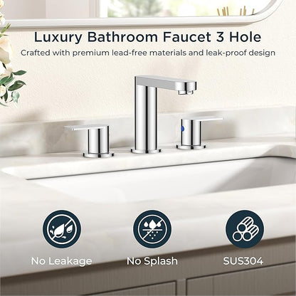 FORIOUS Bathroom Faucets 3 Hole Chrome, 8 Inch Widespread Bathroom Sink Faucet with Pop-up Drain and cUPC Supply Lines for Basin, Vanity, Laundry Room and Restroom