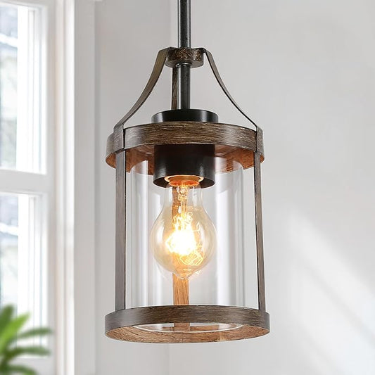 LOG BARN Pendant Lights Kitchen Island, Farmhouse Mini Kitchen Pendant Lighting Over Island with Clear Glass Shade, Rustic Faux Wood Pendant Light Fixtures for Dining Room, Hallway