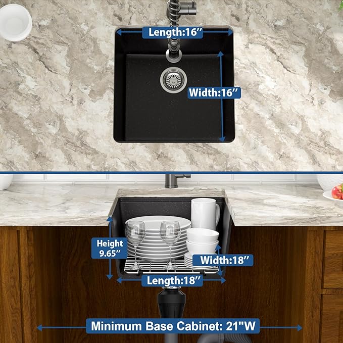 Mocoloo 18 Inch Undermount Granite Composite Bar Sink - 18 x 18 Matte Black Ledge Workstation Kitchen Sinks, Composite Quartz Single Bowl Under Counter Bar Prep Rv Sink Basin