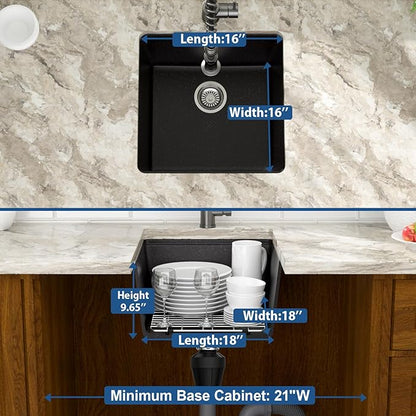 Mocoloo 18 Inch Undermount Granite Composite Bar Sink - 18 x 18 Matte Black Ledge Workstation Kitchen Sinks, Composite Quartz Single Bowl Under Counter Bar Prep Rv Sink Basin
