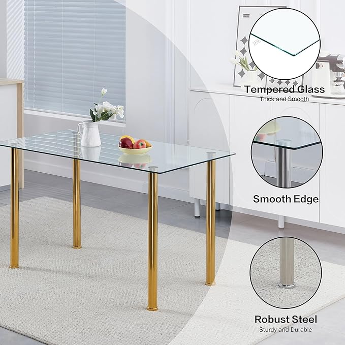 Glass Dining Table for 4-6,Rectangular Dining Room Table with 51.2" Clear Tempered Glass top and Gold Legs for Kitchen, Small Space