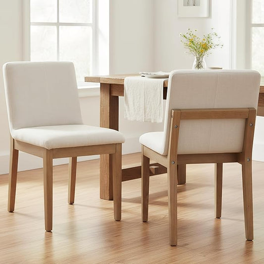 Farmhouse Wooden Dining Chairs with Rectangular Backrest, Mid Century Linen Fabric Upholstered Dining Room Side Chairs Set of 2 for Kitchen Island/Living Room/Restaurant, Beige