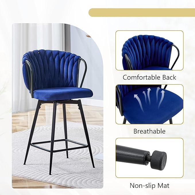 Velvet Upholstered Bar Stools Set of 2,Counter Height Bar Stools Set of 2, Modern Barstools for Kitchen Island, Cafe, Pub