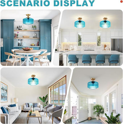 Blue Glass Ceiling Light, Flush Mount Light Fixture Ribbed Glass Shade, Vintage Farmhouse Lighting for Bedroom, Living Room, Kitchen, Bathroom, Nursery, Hallway