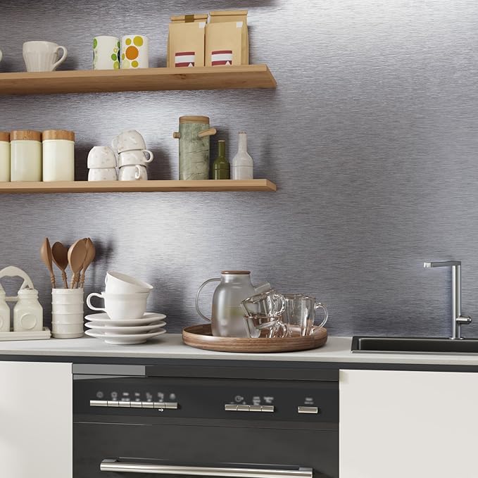 CRE8TIVE Brushed Silver Stainless Steel Contact Paper Peel and Stick Metallic Wallpaper for Kitchen 12"x354" Removable Self Adhesive Silver Contact Paper for Cabinets Waterproof Vinyl Backsplash Walls