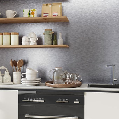 CRE8TIVE Brushed Silver Stainless Steel Contact Paper Peel and Stick Metallic Wallpaper for Kitchen 12"x354" Removable Self Adhesive Silver Contact Paper for Cabinets Waterproof Vinyl Backsplash Walls