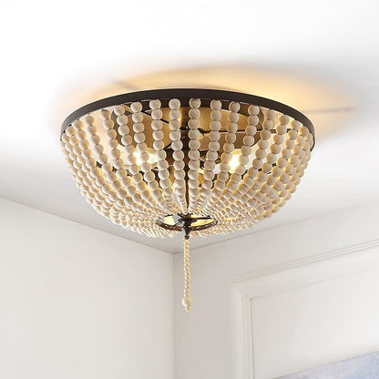 JONATHAN Y 15" Oil Rubbed Bronze/Cream Allison 3-Light LED Flush Mount Ceiling Light for Bedroom, Wood Beaded Shade Shabby Chic Farmhouse Rustic Decor, LED Bulbs Included (JYL9019B)