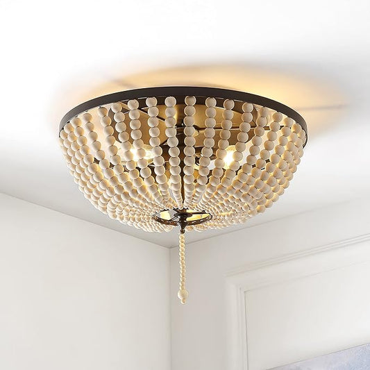 JONATHAN Y 15" Oil Rubbed Bronze/Cream Allison 3-Light LED Flush Mount Ceiling Light for Bedroom, Wood Beaded Shade Shabby Chic Farmhouse Rustic Decor, LED Bulbs Included (JYL9019B)