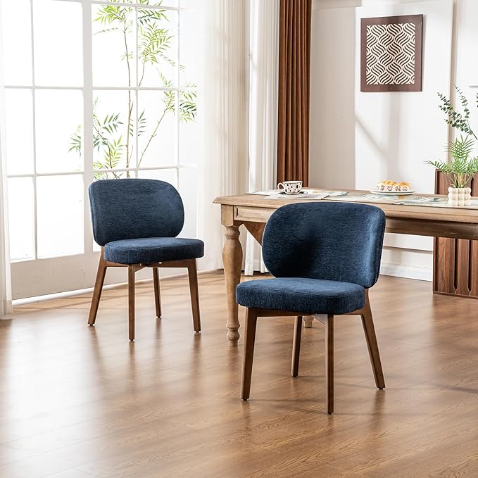 YOUNIKE Dining Chairs Set of 4 Mid Century Modern Kitchen Chair with Back Boucle Fabric Upholstered Armless Chair 20" Wide Padded Seat with Wooden Legs for Kitchen Dining Living Room Bedroom Navy Blue