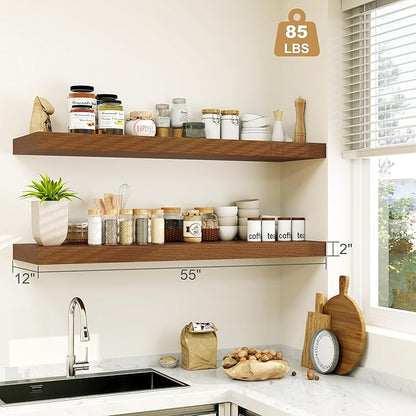 Heimlove 12" Deep Floating Shelves for Wall Shelf Over Toilet Mounted Farmhouse Long 55 Inches Set of 1, Farmhouse Shelves with Invisible Brackets for Living Room, Kitchen, Bedroom, Walnut
