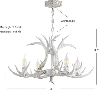 JONATHAN Y 26" White Rustic Resin Antler 4-Light LED Chandelier, Farmhouse Faux Deer Horn Hanging Ceiling Light for Dining Room, Kitchen Island, Adjustable Light Fixture (JYL6301B)