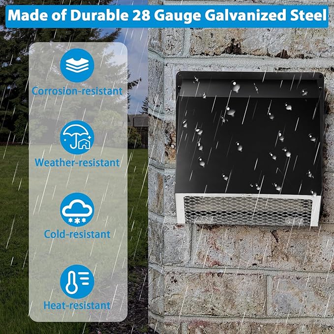Dryer Vent Cover Outside,6 Inch Hooded Wall Vent with Screen&Damper,6"Vent Cover Exterior Vent Hood Wall Exhaust Vent Cover Cap for Kitchen Exhaust/Range Hood/Outdoor Air Vent,Galvanized Steel,Black