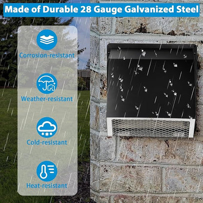 Dryer Vent Cover Outside,6 Inch Hooded Wall Vent with Screen&Damper,6"Vent Cover Exterior Vent Hood Wall Exhaust Vent Cover Cap for Kitchen Exhaust/Range Hood/Outdoor Air Vent,Galvanized Steel,Black