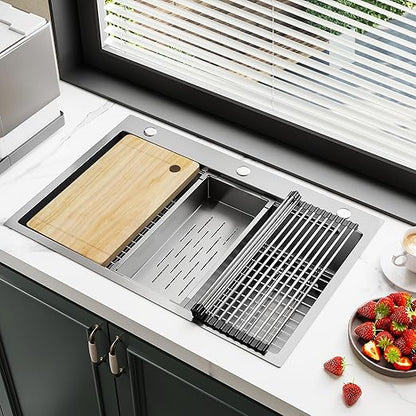 YITAHOME Drop In Kitchen Sink Workstation with Pull-down Faucet, 304 Stainless Steel Single Bowl Top Mount Sink w/Ledge & Accessories, Honeycomb Surface Design, 33 x 22 x 10 in, Silver
