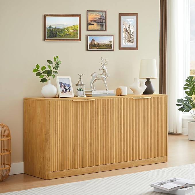 Ball & Cast 59" Modern Fluted Sideboard Buffet Cabinet with Storage,Curved Design Kitchen Coffee Bar Cabinet with 4 Doors & Shelves,Wood Credenza Cabinets Media Console for Living Room,Natural