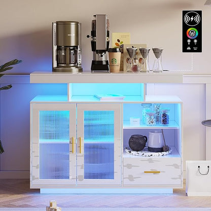 HNEBC LED Sideboard Buffet Cabinet with Charging Station, Smart Bar Cabinet with Auto RGB Lighted, High Gloss Coffee Bar with Drawer/Hutch for Living Room, Dining Room, Home Storager(White)