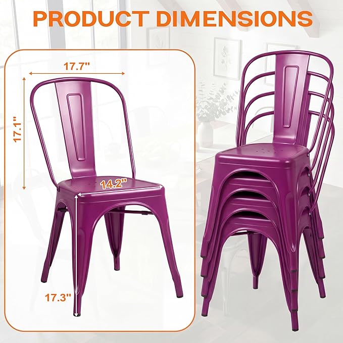 Shahoo Metal Dining Chairs Classic Iron Stackable Industrial Vintage Trattoria with Back, Indoor-Outdoor Side Settee for Home Bistro Cafe Kitchen Restaurant Set of 4, Purple