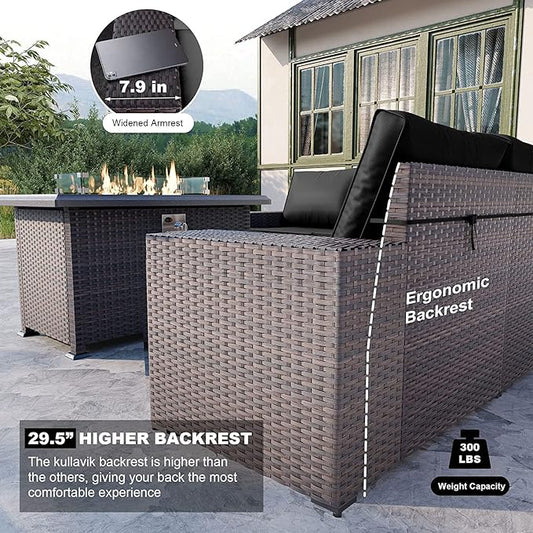 Kullavik 7 Pieces Outdoor Patio Furniture Set with 43" 55000BTU Gas Propane Fire Pit Table PE Wicker Rattan Sectional Sofa Patio Conversation Sets, Black