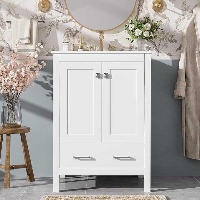 Favfurish 24" Modern Bathroom Vanity with Ceramic Sink, Freestanding Storage Cabinet w/2 Soft-Close Doors & 1 Drawer, Double-Layer Door Shelf, Solid Wood Frame for Small Bathrooms, Easy Assembly,White