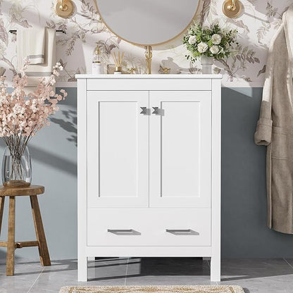 Favfurish 24" Modern Bathroom Vanity with Ceramic Sink, Freestanding Storage Cabinet w/2 Soft-Close Doors & 1 Drawer, Double-Layer Door Shelf, Solid Wood Frame for Small Bathrooms, Easy Assembly,White