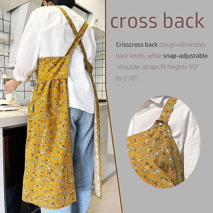 Cityelf Vintage Pinafore Apron Dress Snap Adjust Linen Cotton with Pockets Floral Aprons for Cooking Gardening