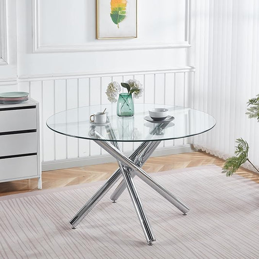 Round Glass Dining Table,Glass Dining Room Table with Metal Legs, Modern Round Kitchen Table for Home, Kitchen, Dining Room