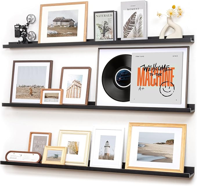 FLYJOE Picture Ledge Wall Shelves 56 Inches Width Set of 3, Solid Pine Wood Rustic Floating Ledge for Kids' Room Bedroom Kitchen Bathroom, Long Floating Shelves for Wall Decor, Black