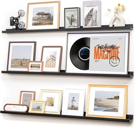 FLYJOE Picture Ledge Wall Shelves 56 Inches Width Set of 3, Solid Pine Wood Rustic Floating Ledge for Kids' Room Bedroom Kitchen Bathroom, Long Floating Shelves for Wall Decor, Black