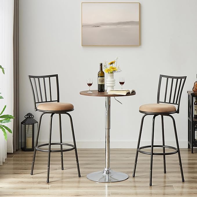VECELO Bar Stools Adjustable Height Set of 2, 24/29" Barstool Swivel Counter Stool with Upholstered Seat and Footrest,Steel Bistro Pub Chairs, Island,Bar,Straight Line Backrest
