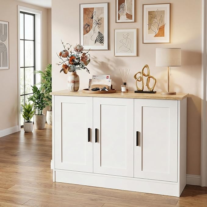 Anystyle 43" White Buffet Cabinet with Black Handles, Small Kitchen Sideboard with 3 Doors & Adjustable Shelves, Modern Entryway Credenza & TV Console Table for Living Room, Dining Room