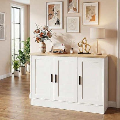 Anystyle 43" White Buffet Cabinet with Black Handles, Small Kitchen Sideboard with 3 Doors & Adjustable Shelves, Modern Entryway Credenza & TV Console Table for Living Room, Dining Room